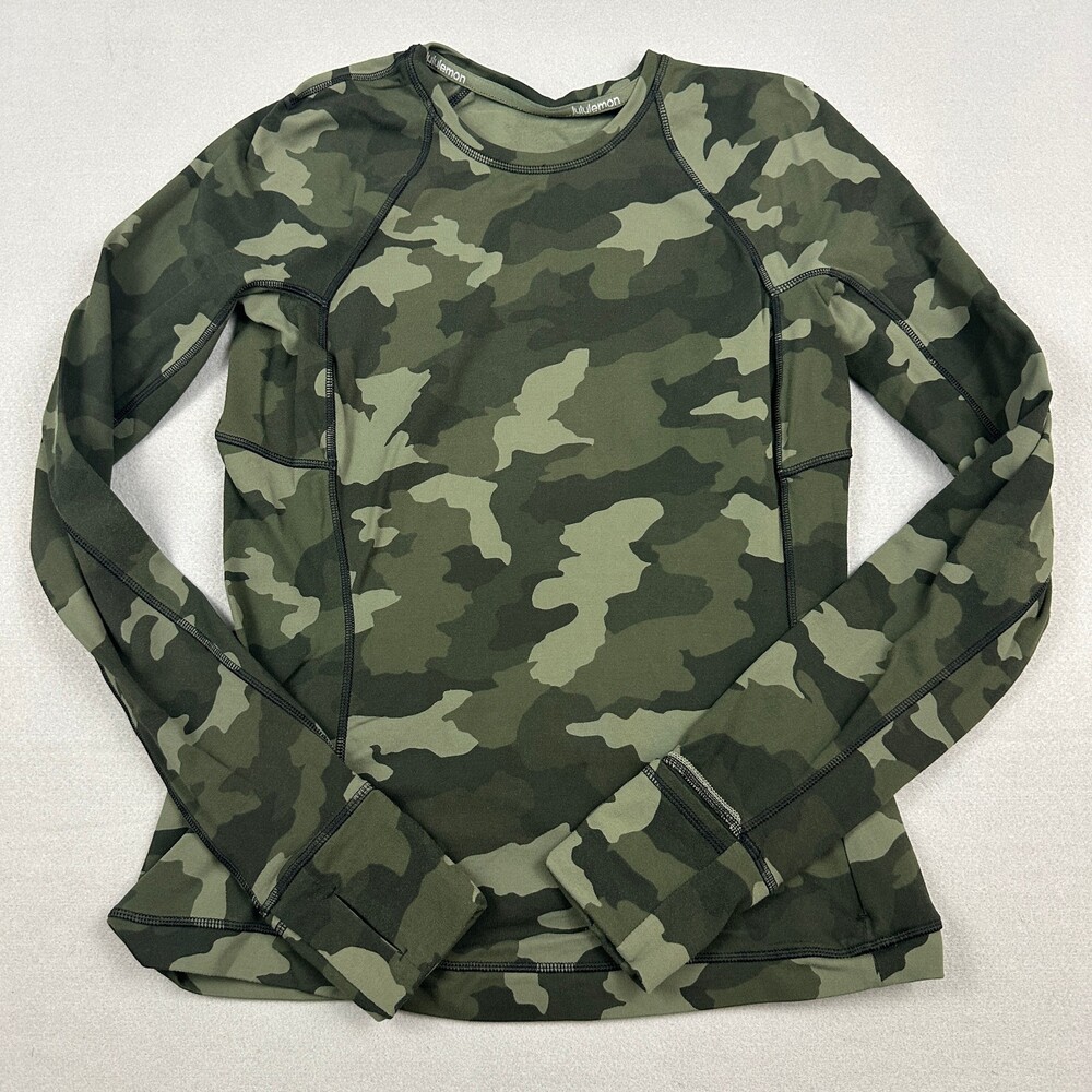 Lululemon Shirt Women 6 Green Camo Its Rulu Run Long Sleeve Crew Zip Pocket